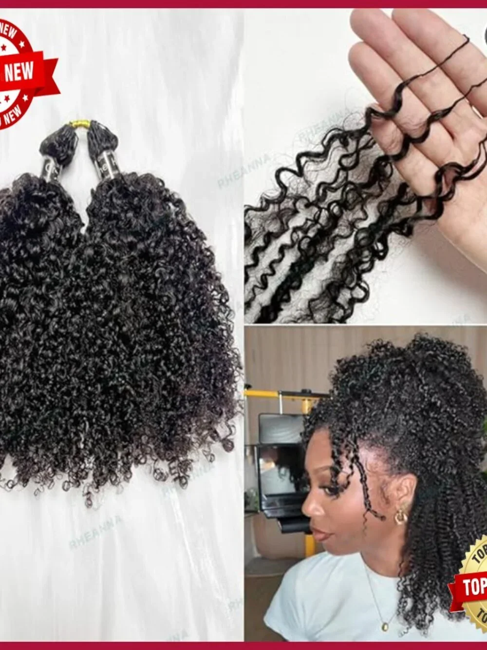 20in Human Hair Extensions, Kinky Curly Crochet Braids, Pre Looped